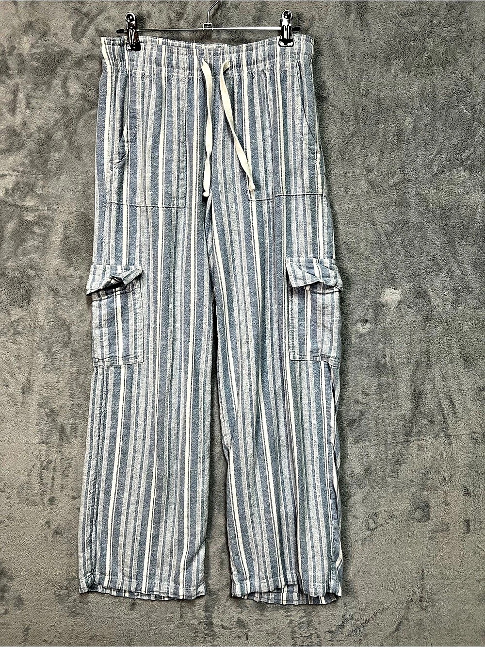 Roxy Striped Linen Blend Cargo Pants Blue White Wide Leg Women's Size XS